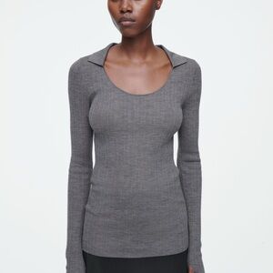 COS OPEN-COLLAR MERINO WOOL TOP SWEATER GREY SMALL